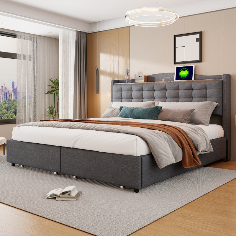 Ledikant 160x200 – Tweepersoonsbed – Bedframe – Opbergbed – Gestoffeerd Bed – Linnen Stof – Ingebouwde Oplaadpoort – 4 Laden Opbergruimte