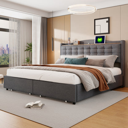 Ledikant 160x200 – Tweepersoonsbed – Bedframe – Opbergbed – Gestoffeerd Bed – Linnen Stof – Ingebouwde Oplaadpoort – 4 Laden Opbergruimte