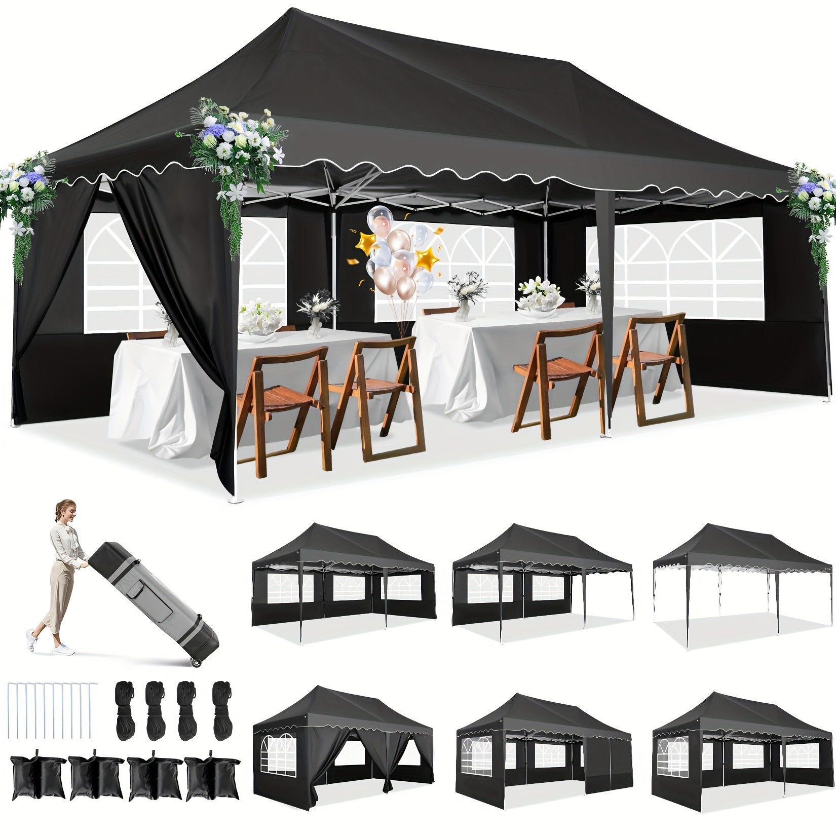 Partytent – Paviljoen – Easy Up Tent – Vouwtent – Feesttent – Waterdicht – 3x6 Meter – Inclusief Zandzakken – Zwart - QUORE