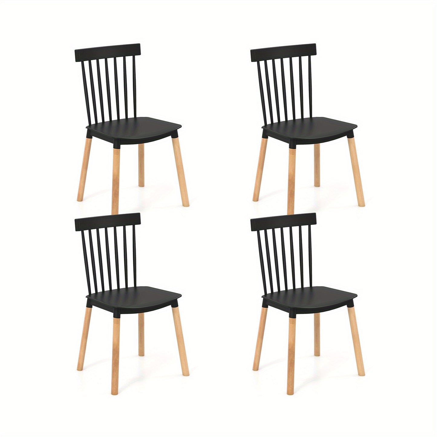 Windsor Eetkamerstoelen – Eetkamerstoelen – Stoelen – Houten Stoelen – Spijlenstoelen – Set van 4 – Zwarte Afwerking – Stevige Beukenhouten Poten – Anti-slip Voetdoppen