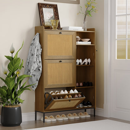 Schoenenkast – Schoenenrek – Schoenopberger – Schoenopbergkast – Smalle Schoenenkast – 3 Lagen Rattan Met Verstelbare Planken – Smal Design Voor Hal Of Slaapkamer
