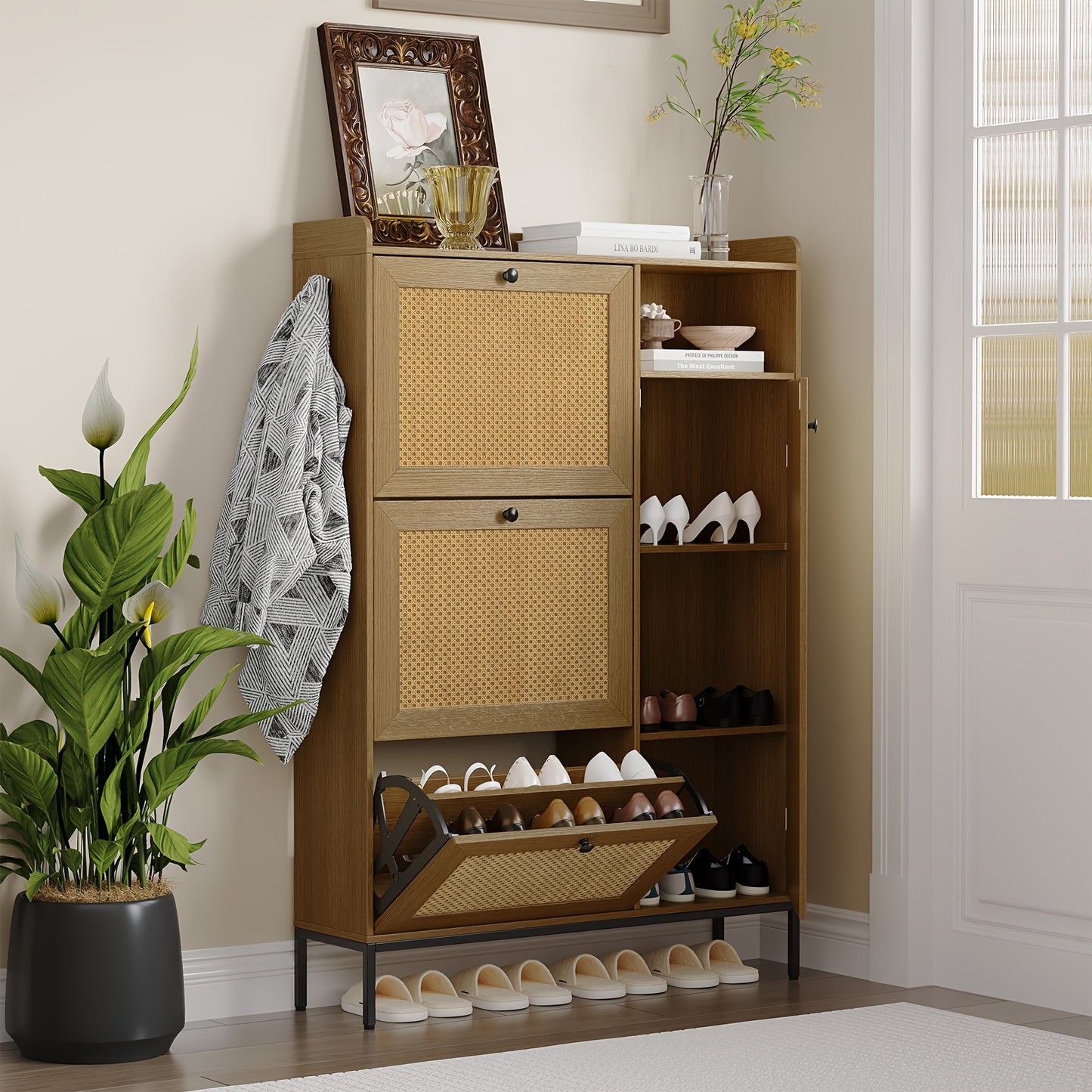 Schoenenkast – Schoenopberger – Schoenenrek – Schoenmeubel – Schoenorganizer – Smal Design Voor Hal of Slaapkamer – Drie Lagen Met Draaideurtjes en Verstelbare Planken – Vintage Kleur