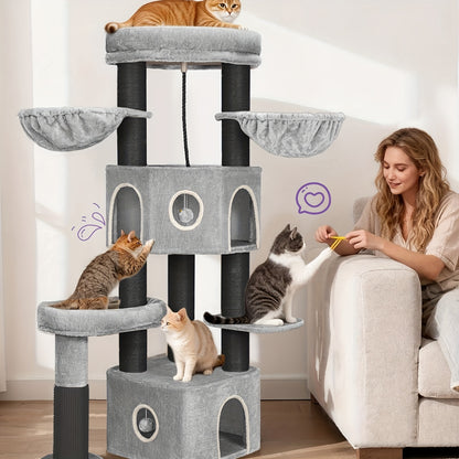 Krabpaal Kat – Krabmeubel Kattenboom – Kattenhuis Krabton – Kattenmeubel Speeltoren – Lichtgrijs Zwart – 163 cm Hoog – Geschikt Voor Grote Katten & Meerdere Katten