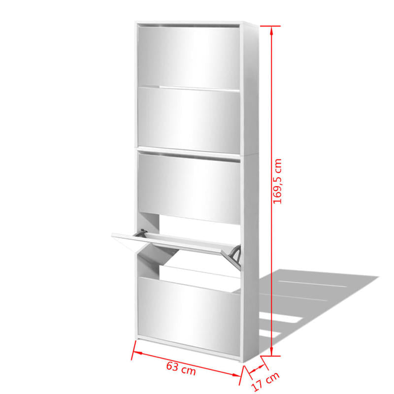 Shoe Cabinet with 5 Compartments - Mirror - White - 63X17X169.5 Cm - Engineered Wood - Full Mirror Side Mounting - Adjustable Shelves - Dust-Proof Compartments