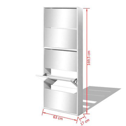 Shoe Cabinet with 5 Compartments - Mirror - White - 63X17X169.5 Cm - Engineered Wood - Full Mirror Side Mounting - Adjustable Shelves - Dust-Proof Compartments
