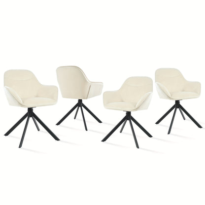 Eetkamerstoel – Kuipstoel – Keukenstoel – Draaistoel – Stoel – 360° Draaibaar – Dik Gevoerd Zitvlak – Licht Beige Polyester – Metaal Frame – Set van 4