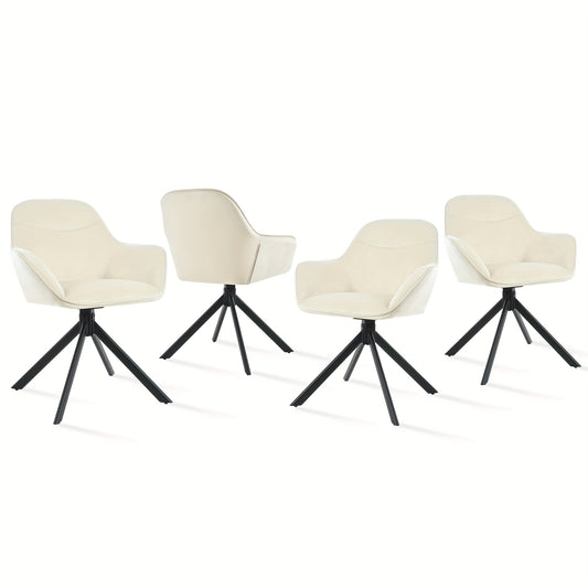 Eetkamerstoel – Kuipstoel – Keukenstoel – Draaistoel – Stoel – 360° Draaibaar – Dik Gevoerd Zitvlak – Licht Beige Polyester – Metaal Frame – Set van 4