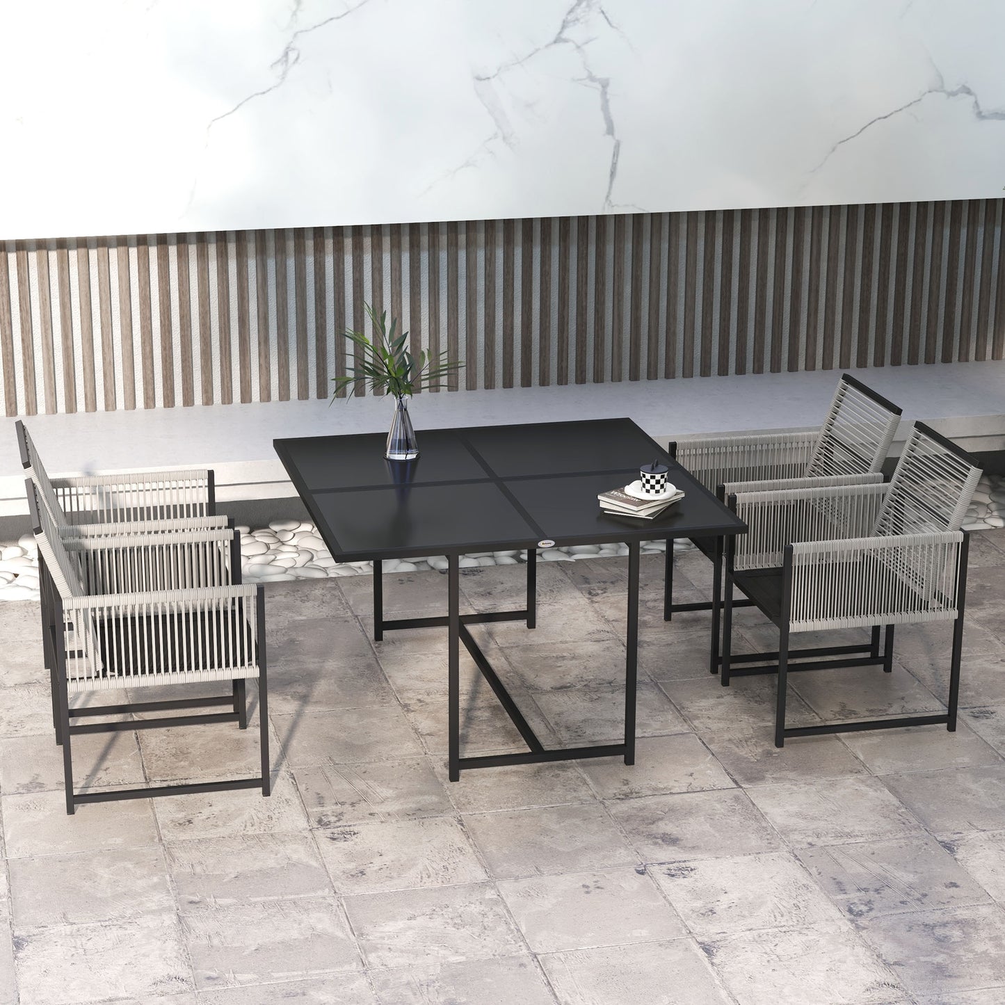 Tuinset – Diningset – Loungeset – Bistroset – Zitgroep – 5-delig – Gehard Glas Tafelblad – Inklapbare Rugleuningen