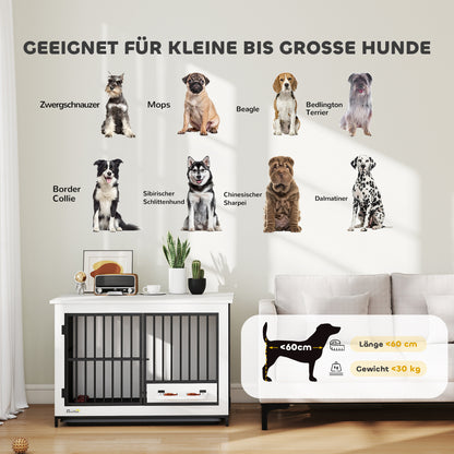 Hondenbench – Hondenkooi – Hondenhok – Draadkooi – Bench – Wit MDF & Metaal – Opvouwbaar Met Draaiende Voerbakken & Veilig Slot