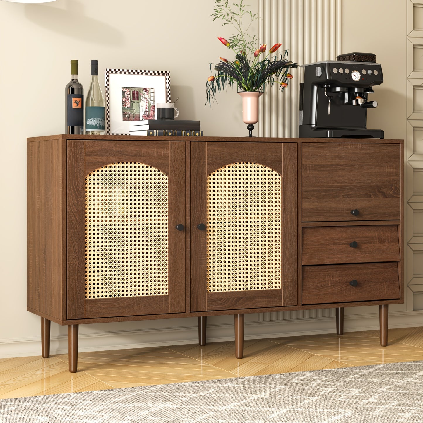 Rustic Sideboard With Rattan Doors - 130 X 75.5 X 40 Cm - Magnetic Suction Cups, Adjustable Shelves, Solid Structure - Elegant And Versatile Design, Storage Drawer Units
