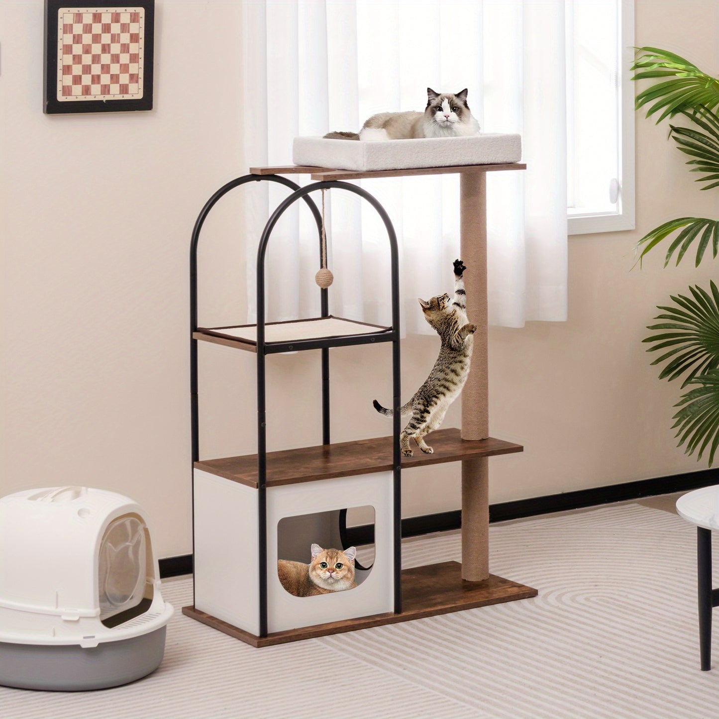 Krabpaal – Kattenboom – Kattenhuis – Kattenmeubel – Kattentoren – Multifunctioneel – 80x40x118 cm – Sisal Krabpalen & Pluche Ligbed – Houtvezelplaat & Metaal