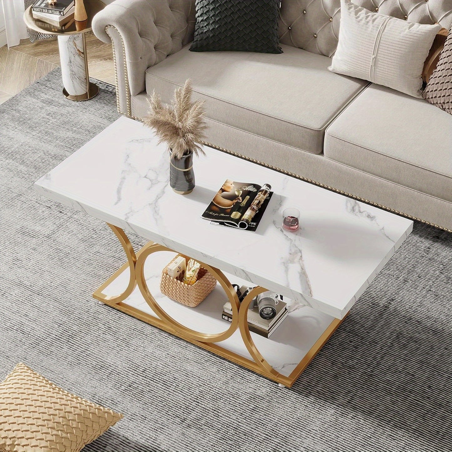 Salontafel – Woonkamertafel – Bijzettafel – Koffietafel – Lounge tafel – 120 cm Wit Goud – Nepmarmeren Blad – Opbergruimte & Geometrisch Metaalframe
