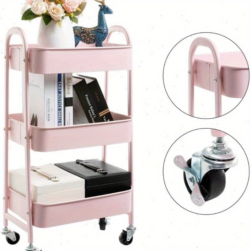 Keukentrolley – Serveerwagen – Opbergtrolley – Werkplek Trolley – Keukenwagen – Roze – 3 Niveaus – Compact 43x30x76,5 cm – Met Wieltjes