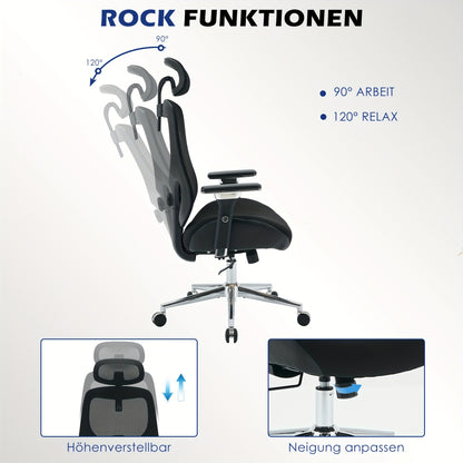 Ergonomische Bureaustoel – Kantoorstoel – Bureaustoel Voor Lange Mensen – Werkstoel – Draaistoel – 4D Verstelbare Armleuningen – Ademend Mesh Rugleuning – Lendensteun & Hoofdbestand – Kantelbaar 120° – Verstelbare Hoogte – Zwarte Metalen Basis