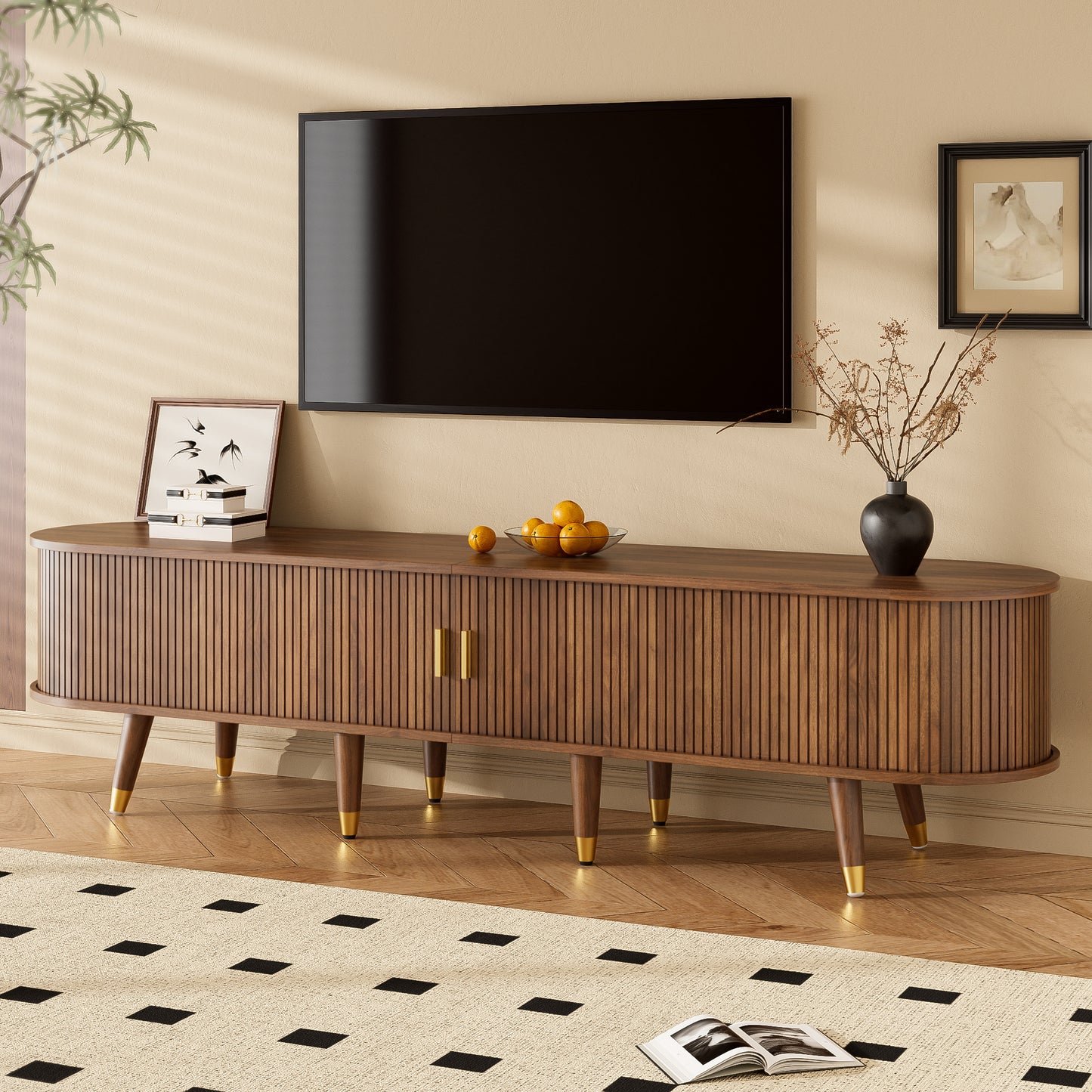 TV Lowboard – TV Meubel – TV Kast – TV Bank – Dressoir – Rieten Schuifdeur – Walnoot Afwerking – 175 cm Breed – MDF Material