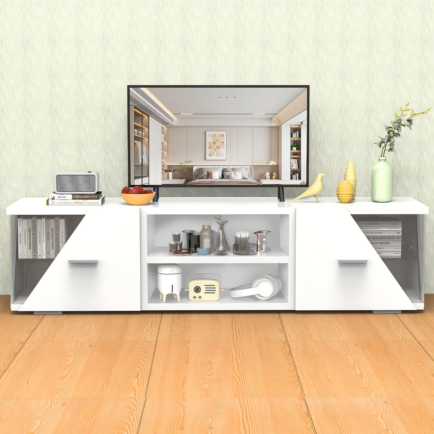 150cm Modern TV Cabinet Stand | White LED Light Entertainment Unit Cupboard with Storage, Suitable for 32-65 Inch TVs, Powered, Assembly Required, Brand: Oyajia