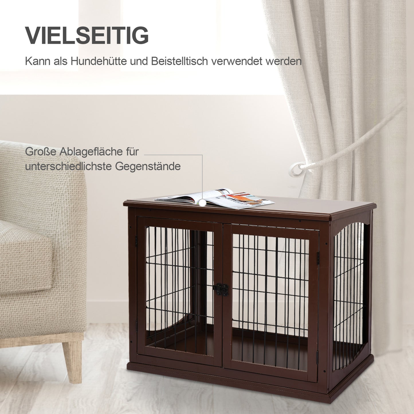 Hondenbench – Hondenkooi – Hondenhuisje – Hondenbench Opvouwbaar – Hondenkennel – Met 2 Deuren – Vergrendelbaar – Metaal & MDF – 58,5 x 81 x 66 cm – Bruin/Zwart