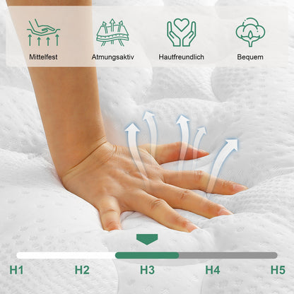 Hybride Matras – Pocketvering Matras – Koudschuim Matras – Memory Foam Matras – Tweepersoonsmatras – 140x200 cm – Medium Stevig – Ademend Polyester Hoes