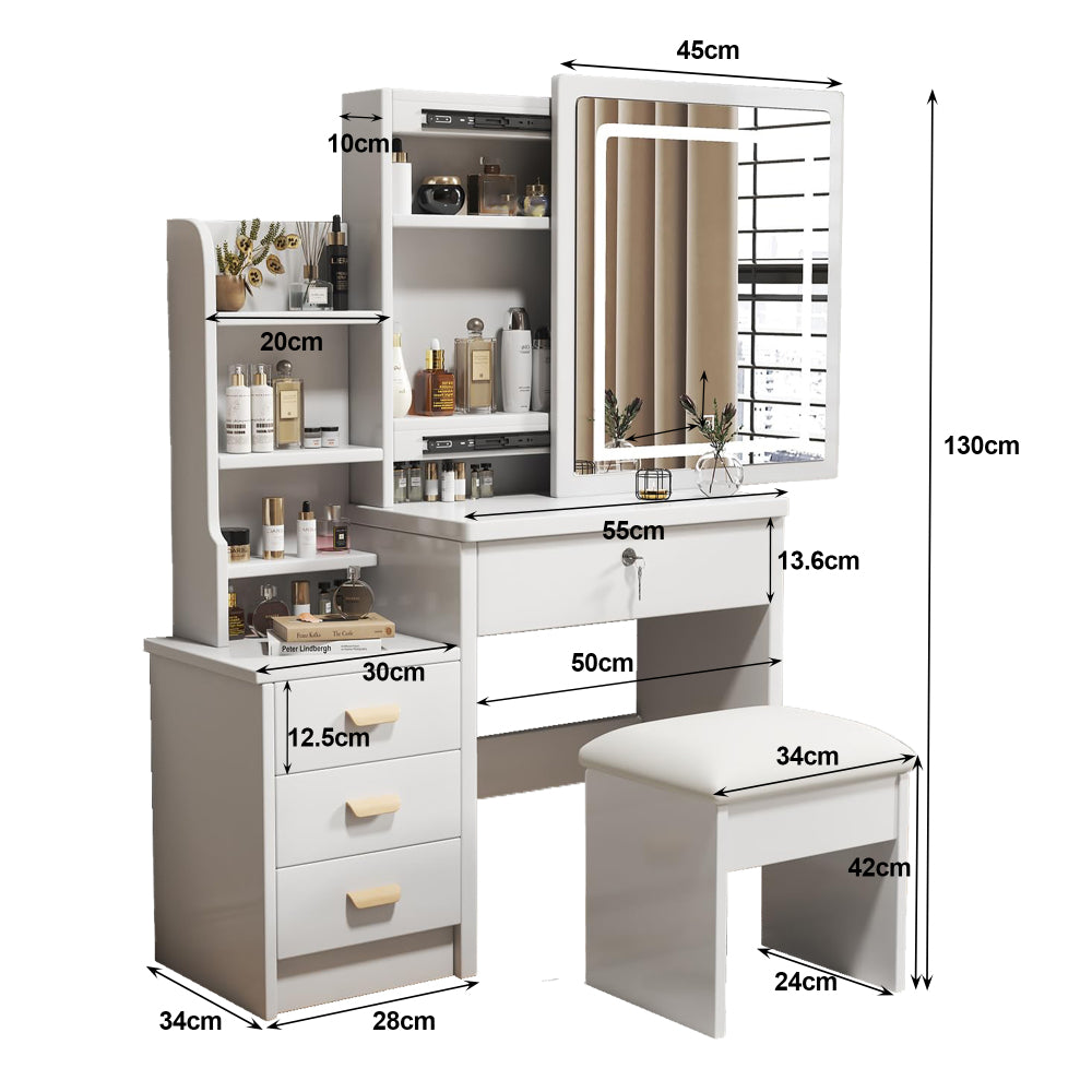 Make-up Tafel – Kaptafel – Schminktafel – Vanity Tafel – Make-up Bureau – Met Spiegel en Zacht Krukje – Metalen Frame – Wit – 85x130x36 cm