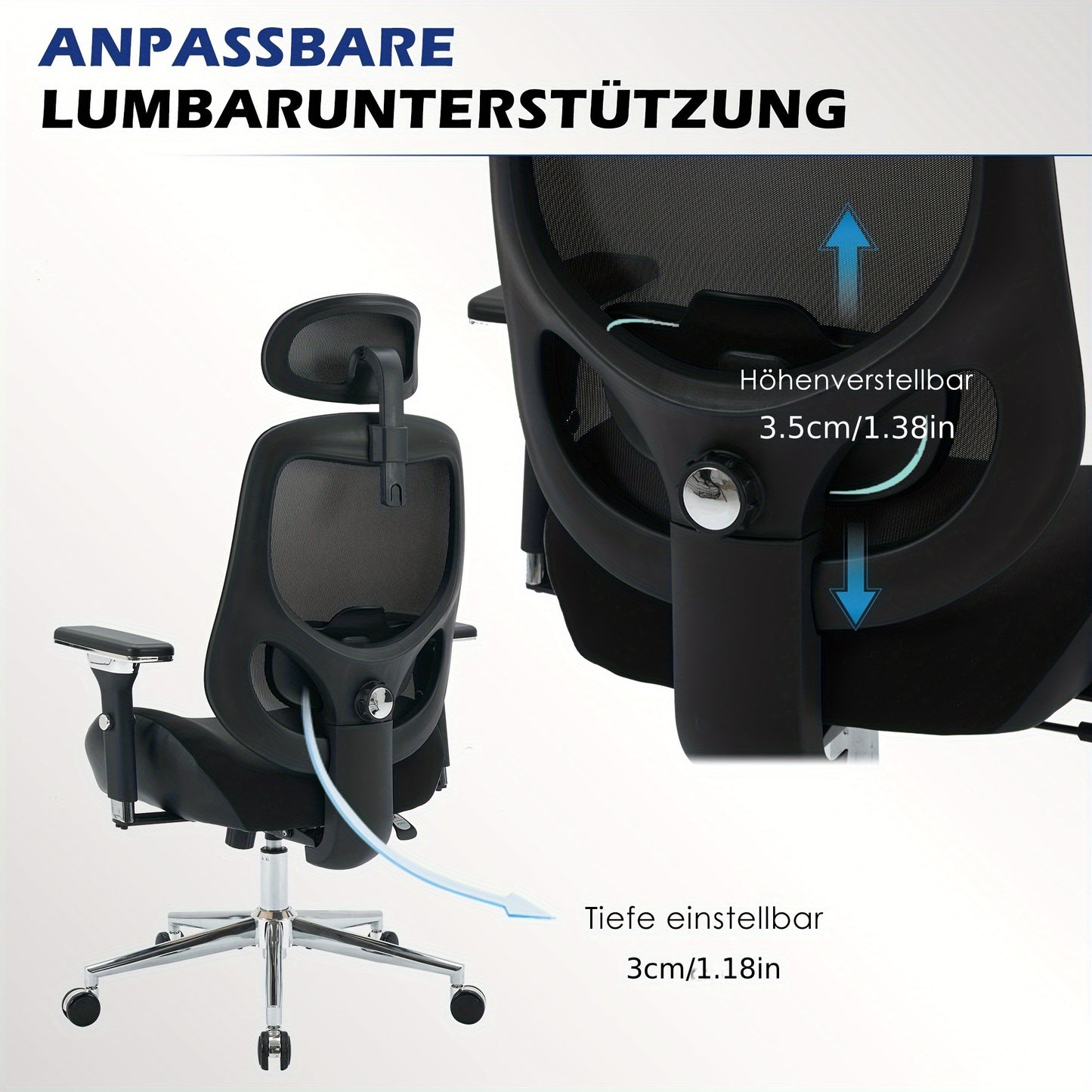 Ergonomische Bureaustoel – Kantoorstoel – Bureaustoel Voor Lange Mensen – Werkstoel – Draaistoel – 4D Verstelbare Armleuningen – Ademend Mesh Rugleuning – Lendensteun & Hoofdbestand – Kantelbaar 120° – Verstelbare Hoogte – Zwarte Metalen Basis