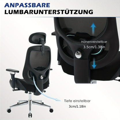 Ergonomische Bureaustoel – Kantoorstoel – Bureaustoel Voor Lange Mensen – Werkstoel – Draaistoel – 4D Verstelbare Armleuningen – Ademend Mesh Rugleuning – Lendensteun & Hoofdbestand – Kantelbaar 120° – Verstelbare Hoogte – Zwarte Metalen Basis