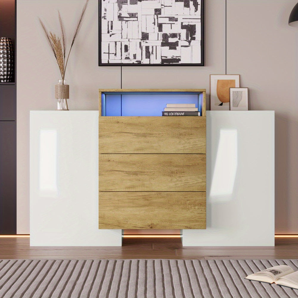 Dressoir – Sideboard – Opbergkast – Ladekast – Buffetkast – Hoogglans Wit Met Houten Accent – Compact 140 cm Hoog
