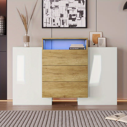 Dressoir – Sideboard – Opbergkast – Ladekast – Buffetkast – Hoogglans Wit Met Houten Accent – Compact 140 cm Hoog