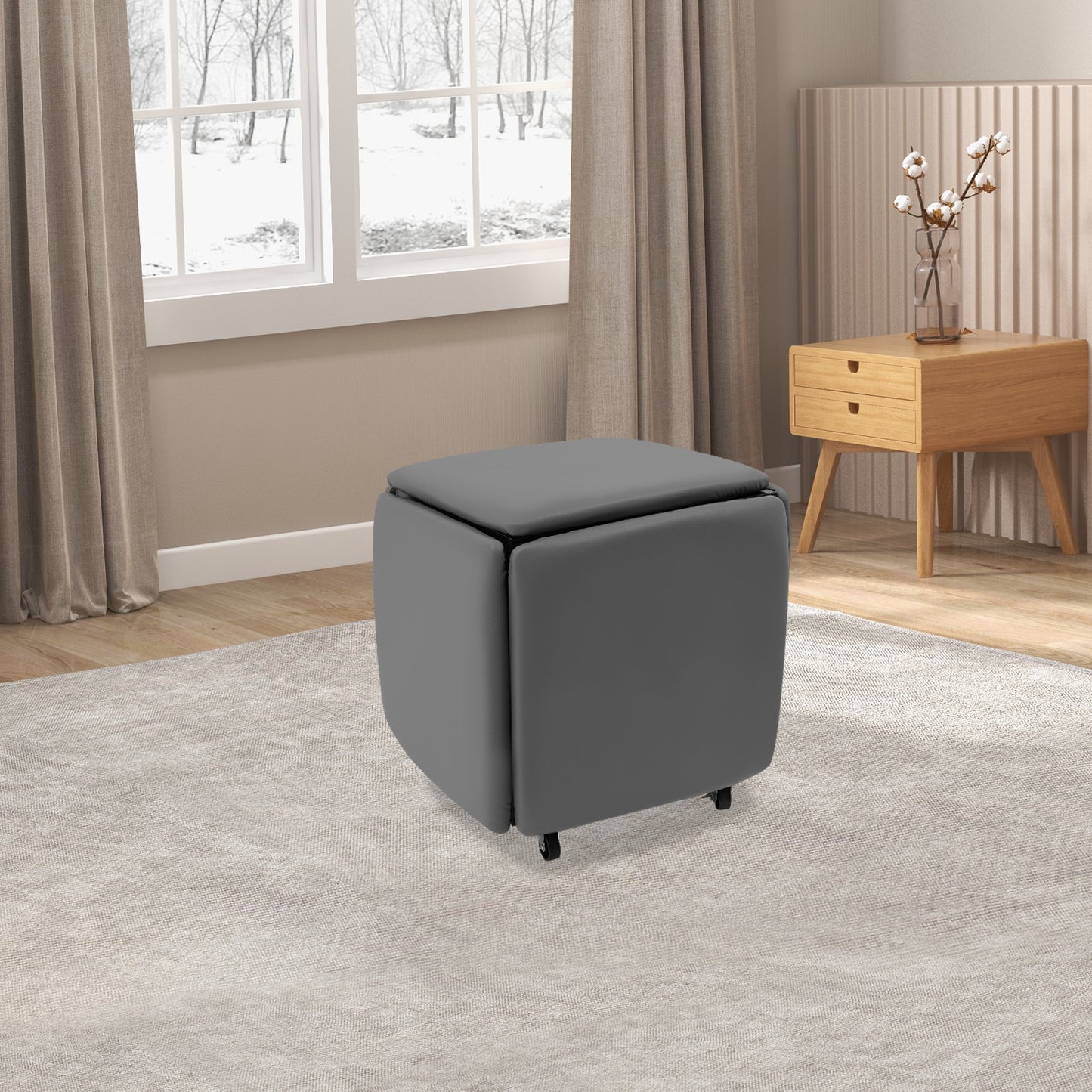 Sofa Poef – Voetenbank – Krukje – Zitzak – Bijzettafel – Multifunctioneel 5-in-1 Design – Memory Foam Comfort – Stevig Carbonstaal Frame – Grijs – Compact & Stapelbaar 46x48 cm