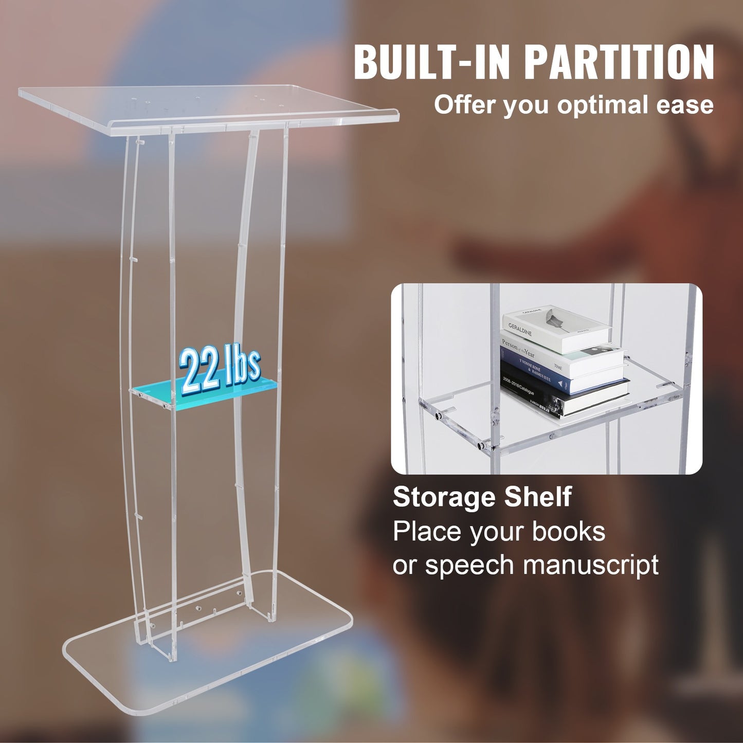 Transparant Acryl Spreekgestoelte – Podium – Presentatiepulpit – Lectern – Presentatiemeubel – 120 cm Hoogte – Ruim Blad Met Opbergbodem