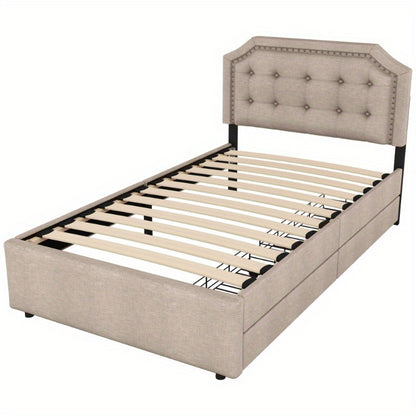 Bedtafel – Nachtkastje – Bedmeubel – Bedzijtafel – Opbergtafel – 90x200 cm – Donker Beige Met Dubbele Lades En Decoratieve Studs