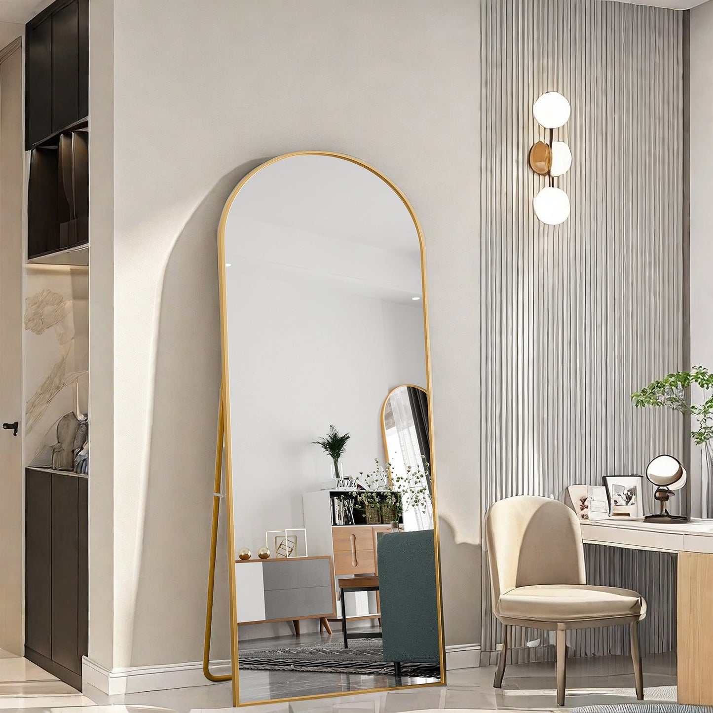 Volledige Lengte Spiegel – Vloerspiegel – Staande Spiegel – Wandspiegel – Grote Spiegel – 80 x 180 cm – Gehard Glas Met Goudkleurig Metalen Frame – U-Vormige Standaard En Ophanghaak