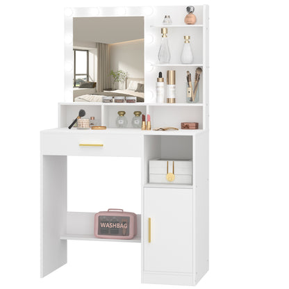 Make-up Tafel – Kaptafel – Schminktafel – Toilettafel – Vanity Unit – 10 LED Lampjes – 3 Instelbare Lichtstanden – 3 Planken & 4 Open Vakken – Grote Lade & Kastje – Wit MDF