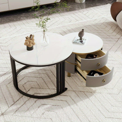 Bijzettafel – Salontafel – Nachttafel – Tafeltje – Lounge Tafel – Grijs met Wit Marmeren Blad – Set van 2 Met Laden – Nestbaar – 70x70x46 & 50x50x40 cm