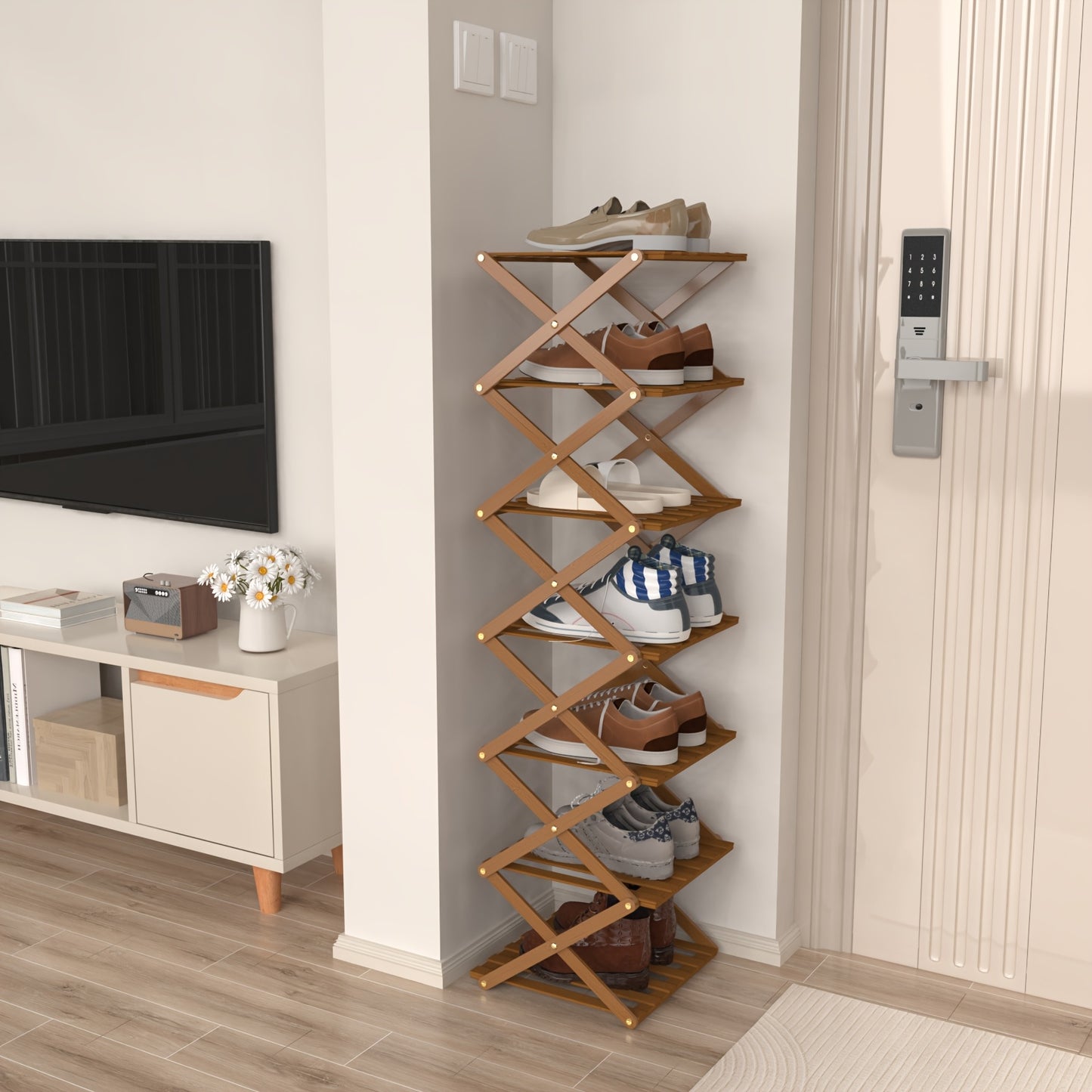 Schoenenrek – Schoenenkast – Schoenenopberger – Hal Organizer – Schoenenbank – 7 Lagen – Smal Verticaal Design – Bamboe & Kunststof – Vrijstaand Zonder Montage – 25x25x125 cm
