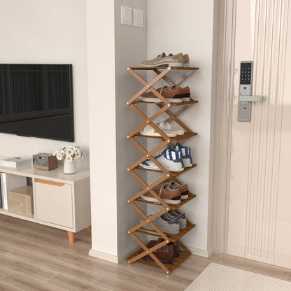 Schoenenrek – Schoenenkast – Schoenenopberger – Hal Organizer – Schoenenbank – 7 Lagen – Smal Verticaal Design – Bamboe & Kunststof – Vrijstaand Zonder Montage – 25x25x125 cm