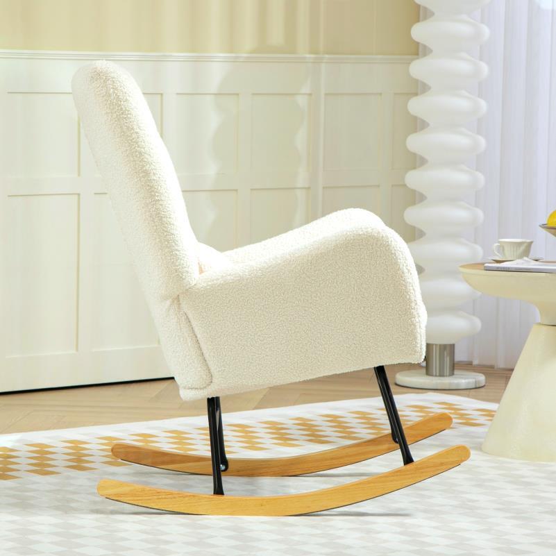 Schommelstoel – Relaxstoel – Fauteuil – Voedingsstoel – Schommelstoel Babykamer – Teddy Stof – Pluche Kussen – Opvouwbaar & Stapelbaar – Stevig Houten Frame & Zachte Schommelbeweging