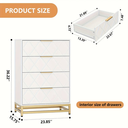 Kommode – Ladekast – Dressoir – Opbergkast – Ladekast Wit – 4 Lades – Gouden Metalen Poten – Anti-Kantel Veiligheid – Hardhout – Compact Design