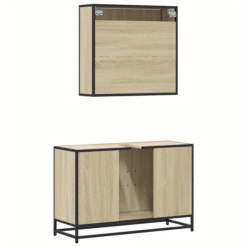 Badkamermeubelset – Badkamerkast – Wastafelmeubel – Opbergkast – Sonoma Eikenhout – 2-Delige Set – Duurzaam Hardhout – Veel Opbergruimte