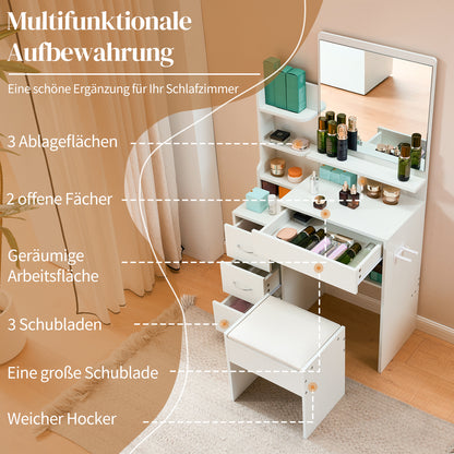 Kaptafel – Make-up Tafel – Dressing Table – Schminktisch – Vanity Table – Wit – 4 Laden Opbergruimte – Ingebouwde Föhnhouder