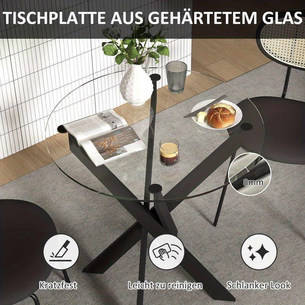 Eettafel – Ronde Tafel – Keukentafel – Diner tafel – Glas Tafel – 70x75 cm – Gehard Glas Blad – Zwart Metalen Poten