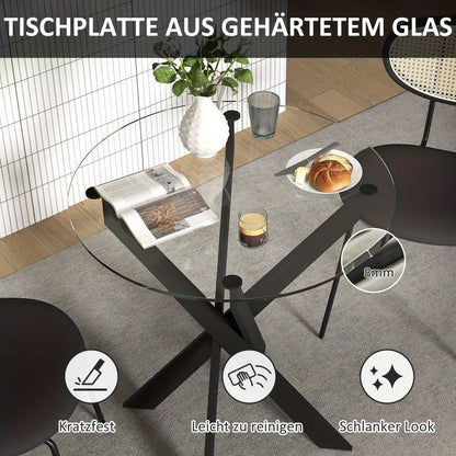 Eettafel – Ronde Tafel – Keukentafel – Diner tafel – Glas Tafel – 70x75 cm – Gehard Glas Blad – Zwart Metalen Poten
