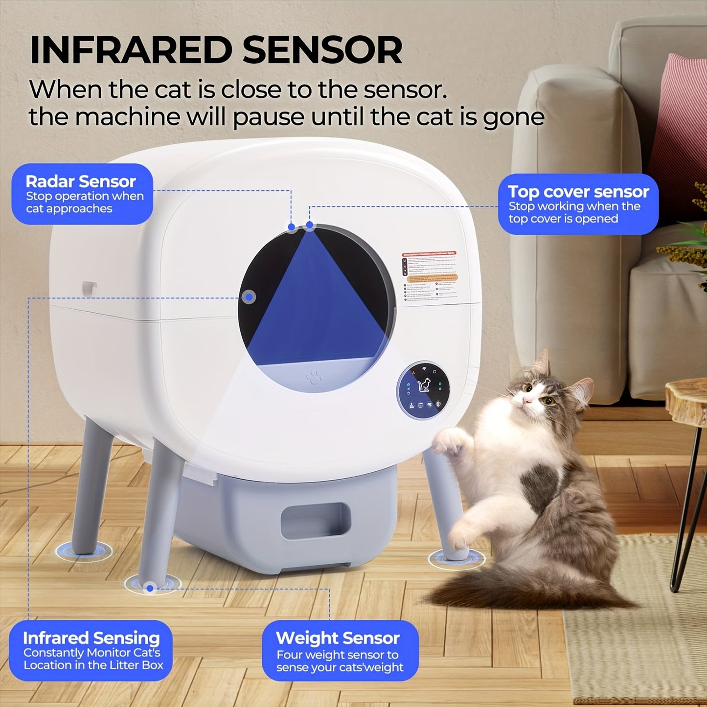 Zelfreinigende Kattenbak – Automatische Kattenbak – Grote Kattenbak – Elektrische Kattenbak – Kattenbak met App – Extra Grote Capaciteit – Veiligheidsfunctie – Inclusief 2 Rollen Afvalzakken