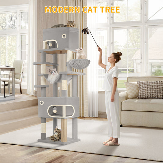 Krabpaal – Kattenboom – Kattenhuis – Kattentoren – Krabmeubel – 203 cm Hoog – 7 Krabpalen & 2 Ruime Holletjes – Donkergrijs