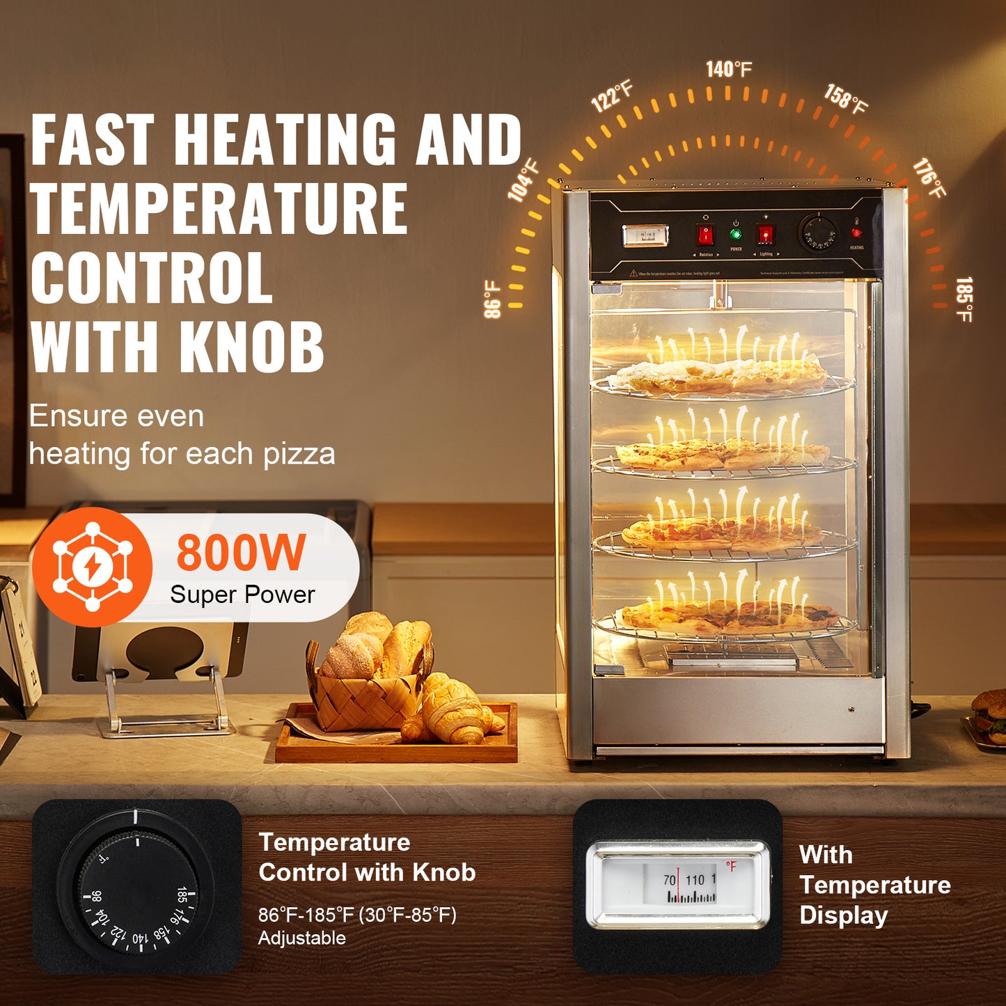 Pizza Warmer – Pizza Warmhoudkast – Pizza Display – Food Warmer – Warmhoudkast – 4-Laags Roestvrij Staal – Stoomfunctie Tegen Uitdroging