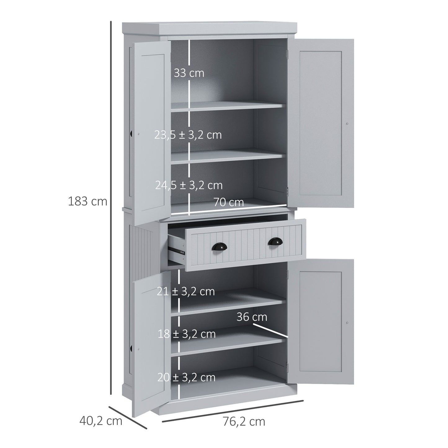 Keukenkastje – Opbergkast – Buffetkast – Keukenkast – Keukenmeubel – Grijs Met Zwarte Grepen – 2 Kasten Met 4 Deuren – Grote Lade – Verstelbare Planken – MDF En Spaanplaat – Modern Design – 76,2x40,2x183 cm