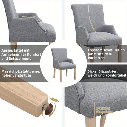 Eetkamerstoel – Keukenstoel – Stoel – Lounge Stoel – Zithoek Stoel – Linnen Bekleding – Verstelbare Zithoogte – Set Van 6 – Massief Houten Poten – Dikke Zitting – Met Armleuningen