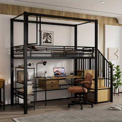 Hoogslaper – Kinderhoogslaper – Stapelbed – Eenpersoonsbed – Bedframe – Met Trap en Kledingkast – Stabiel Metalen Frame – Magnetische Deur – Ruimtebesparend 90x200 cm – Modern Industrieel