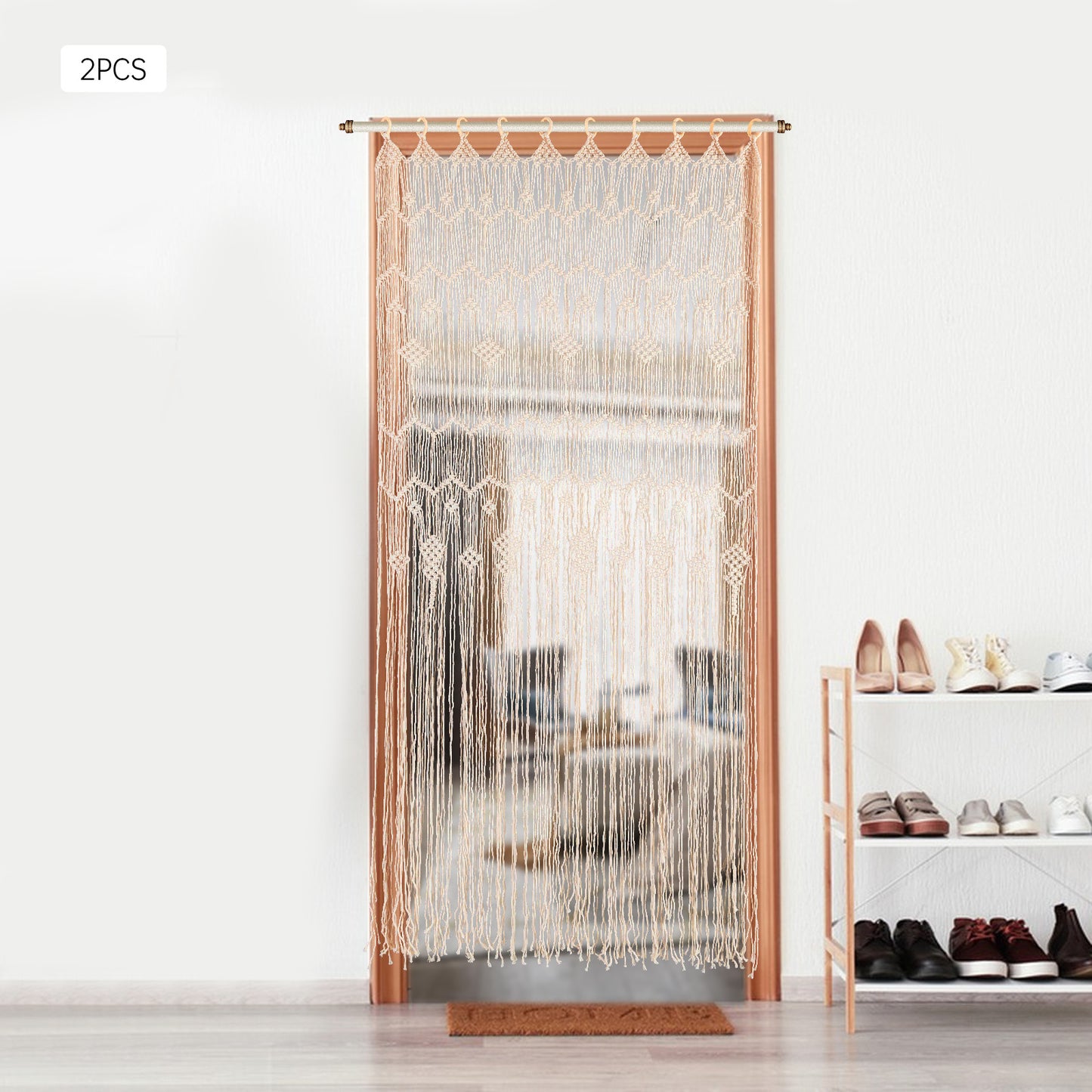 Macramé Gordijnen – Boho Gordijnen – Handgemaakte Gordijnen – Kamerscherm – Raamdecoratie – Beige / Naturel – Extra Lang 100x200 cm – Houten Ringen Voor Eenvoudig Ophangen