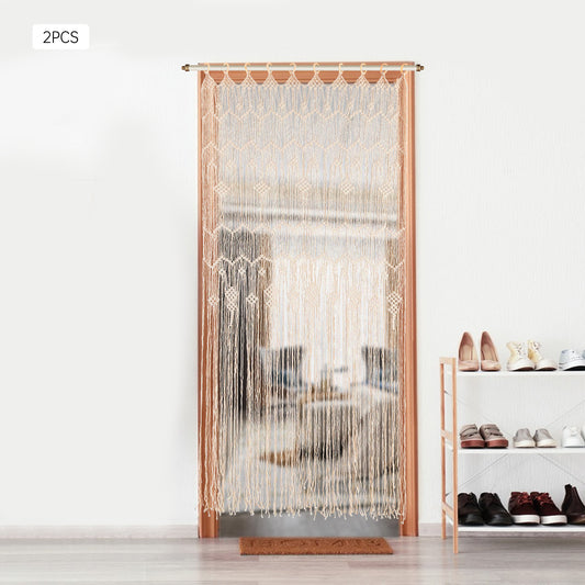 Macramé Gordijnen – Boho Gordijnen – Handgemaakte Gordijnen – Kamerscherm – Raamdecoratie – Beige / Naturel – Extra Lang 100x200 cm – Houten Ringen Voor Eenvoudig Ophangen