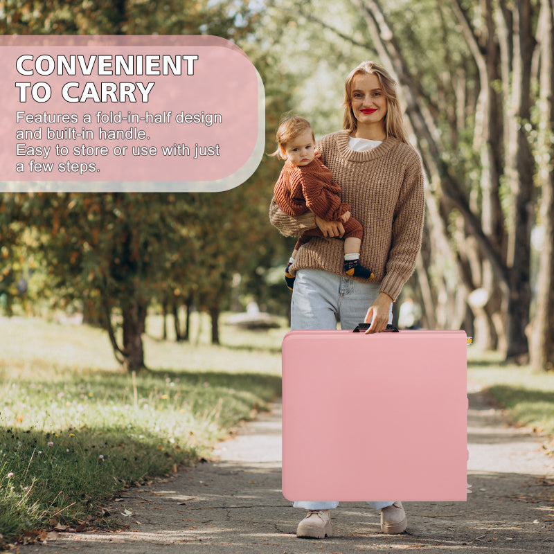125cm Portable Heavy Duty Folding Table with Handle, Adjustable Height Foldable Table, Multi-Functional Fold up Table for Camping Picnic Parties Indoor/Outdoor, Capacity Weight 135KG (Pink)
